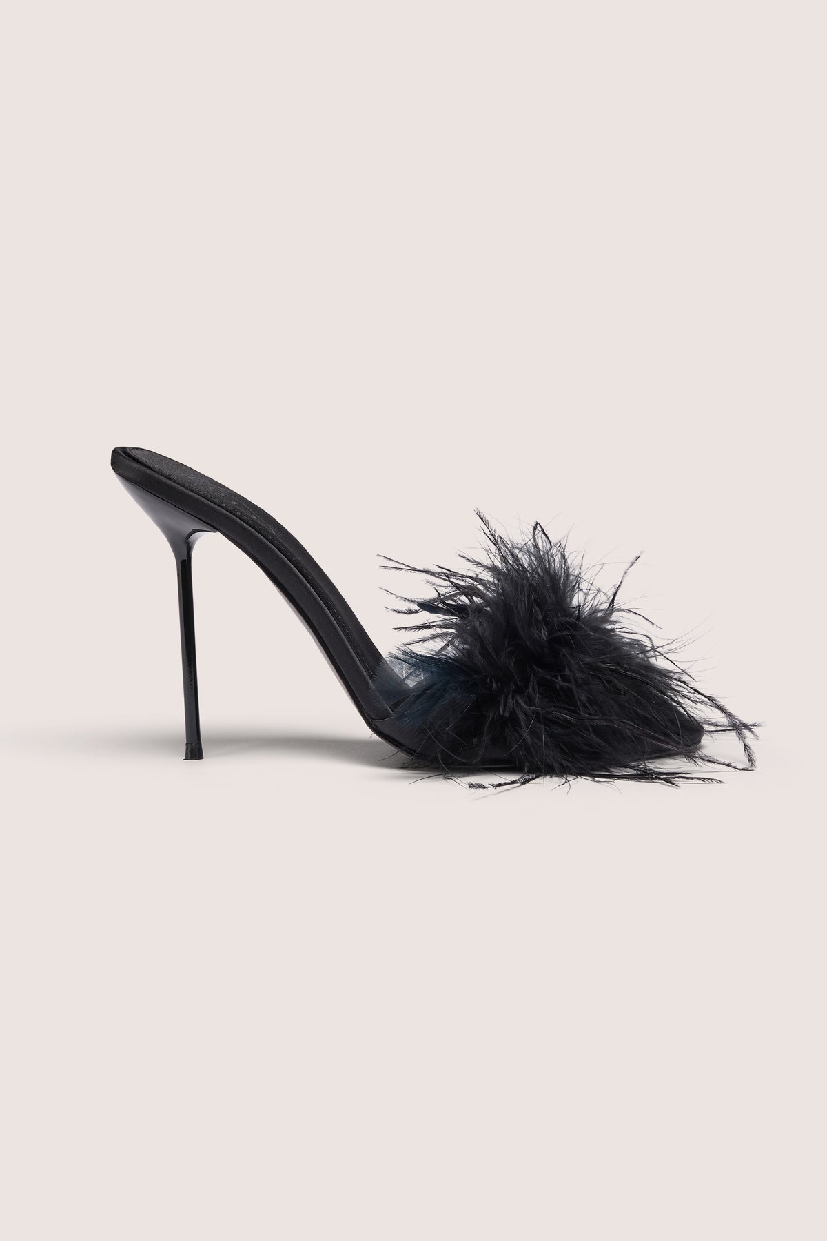 Feathered Satin Heeled Mule in Black