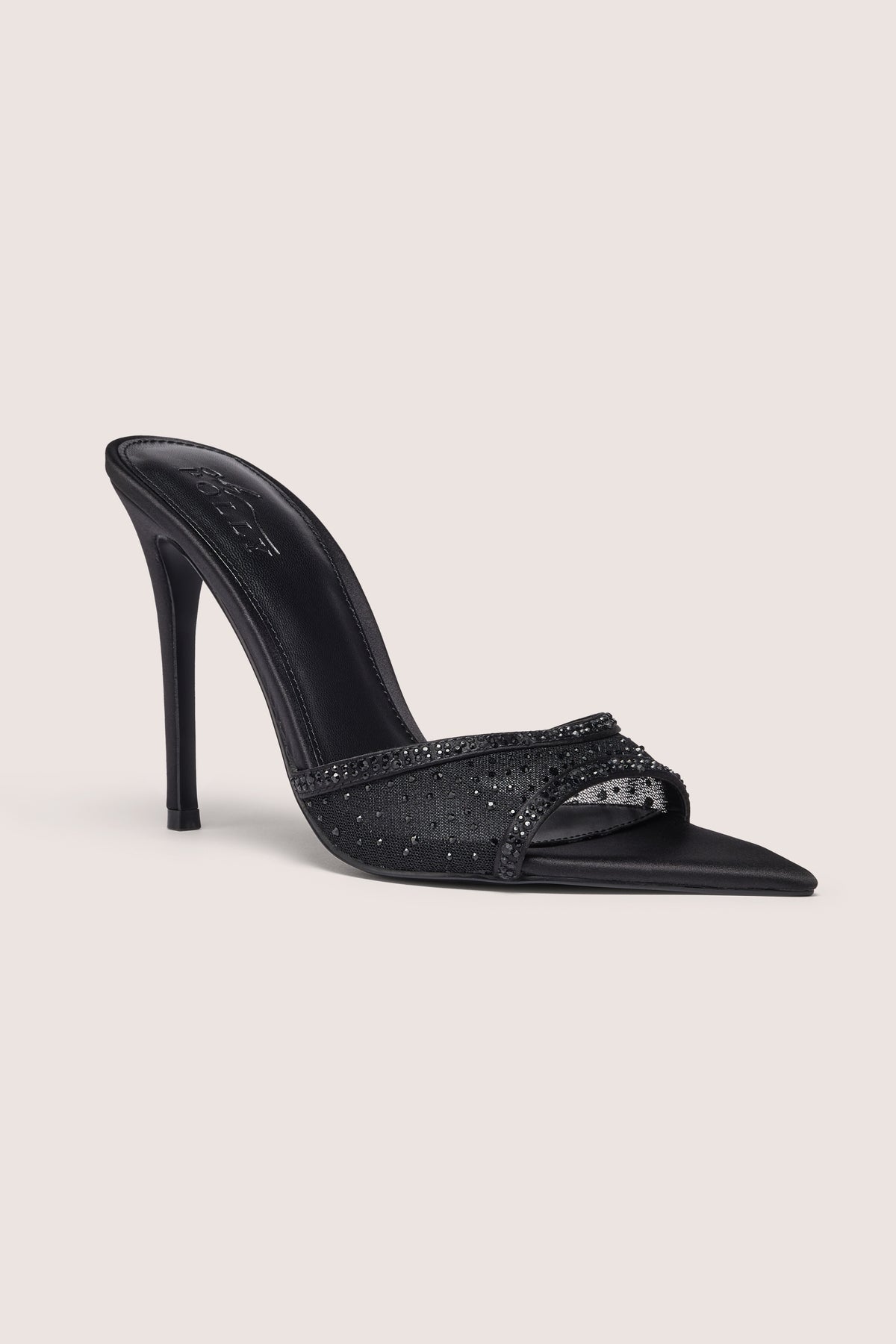 Embellished Satin Heeled Mule in Black - 1