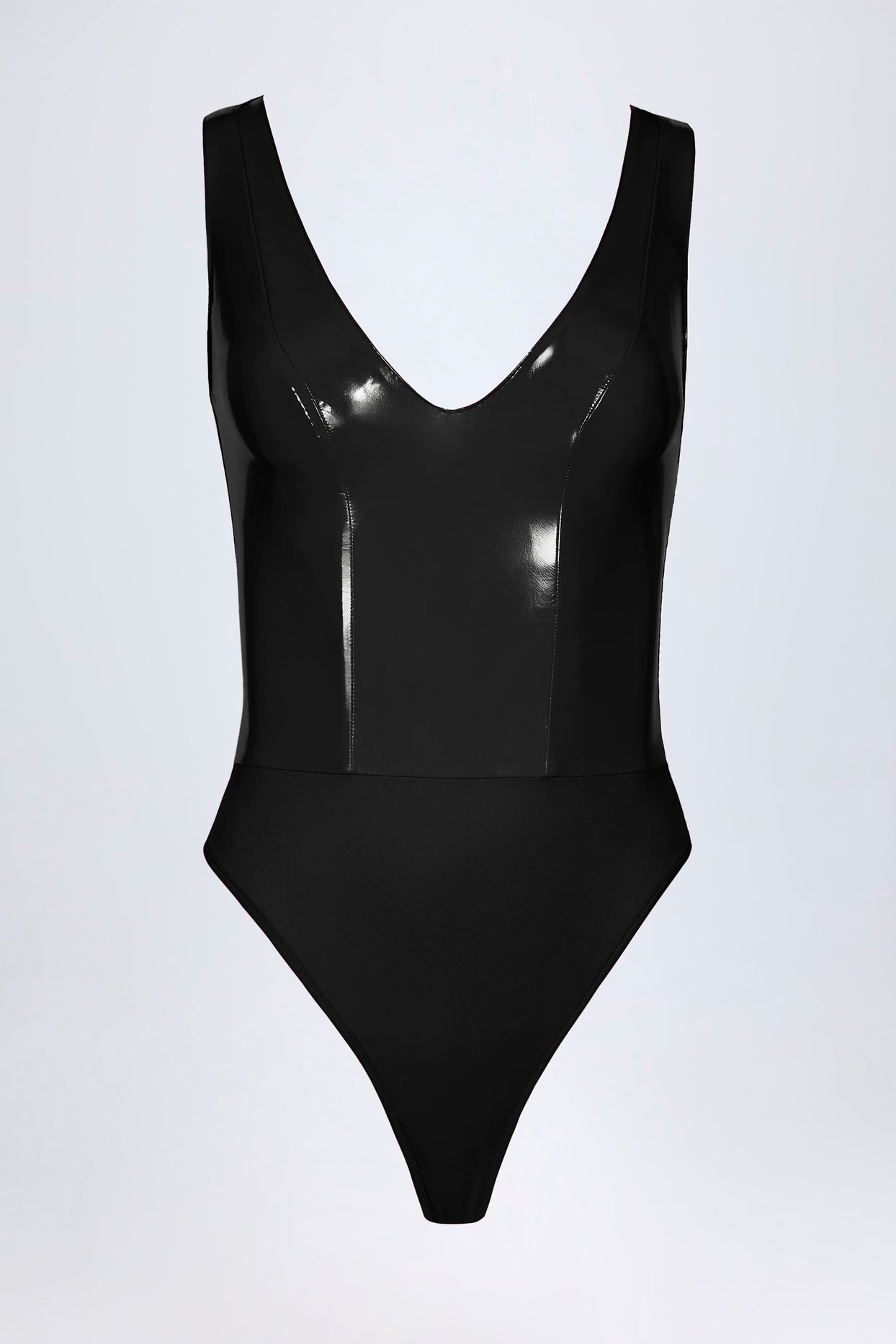 Glossy Vinyl Plunge-Neck Bodysuit in Black - 5
