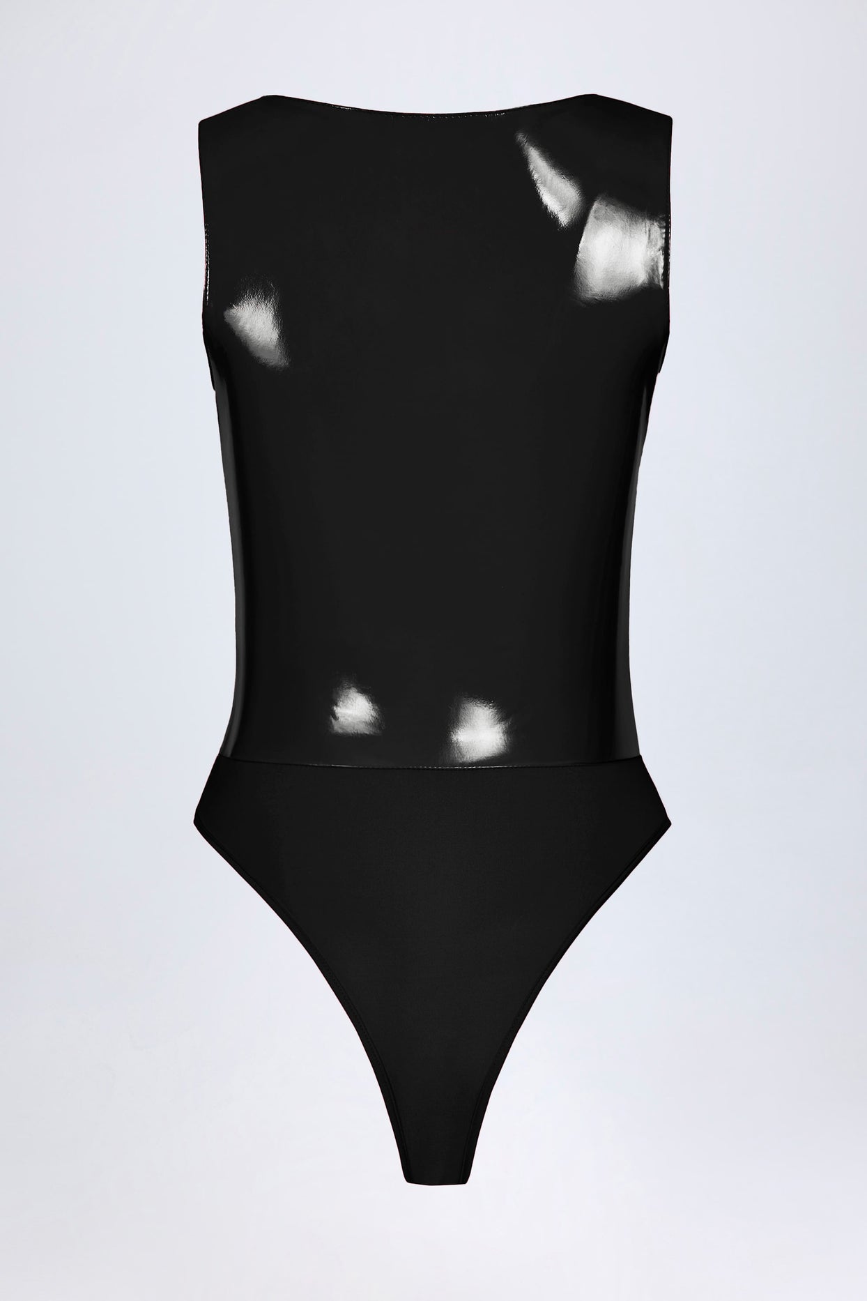 Glossy Vinyl Plunge-Neck Bodysuit in Black - 6