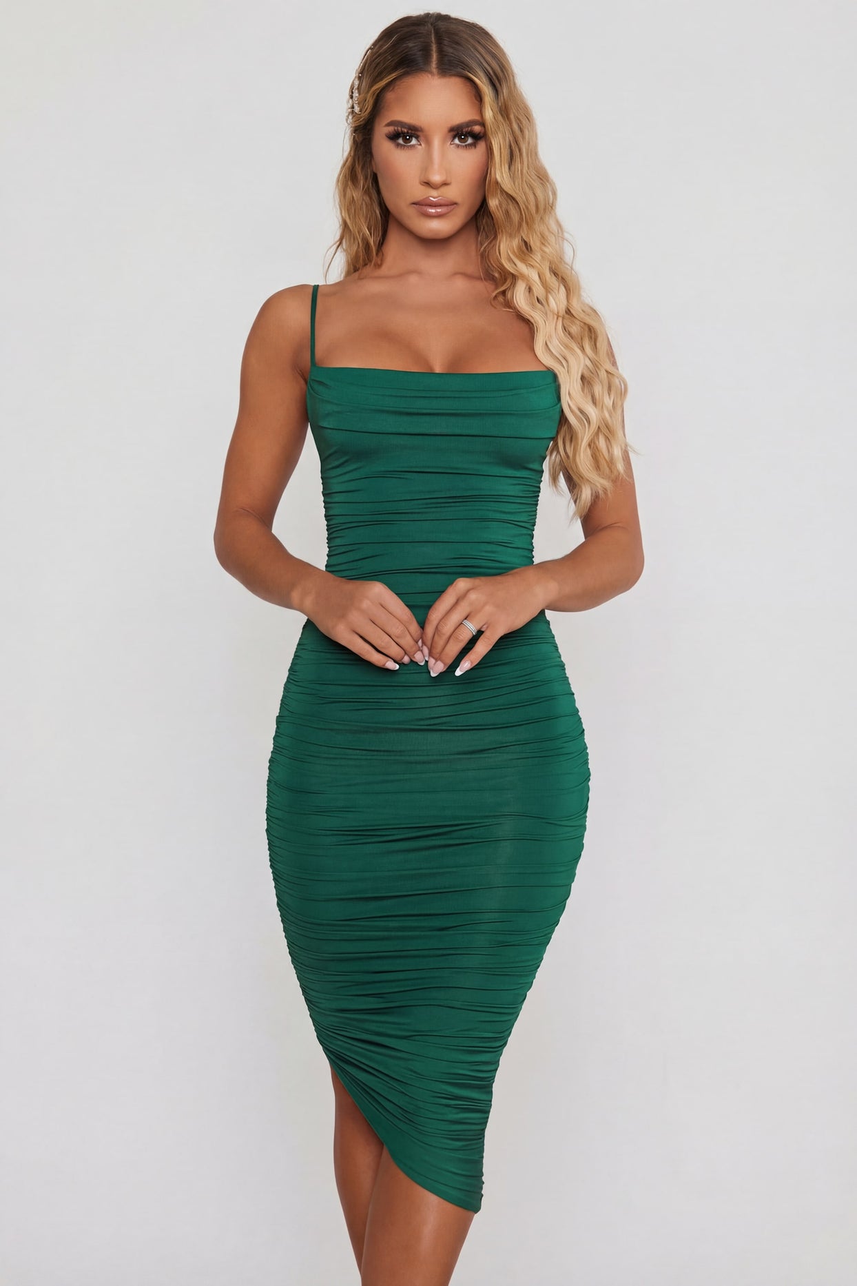 Cowl Neck Ruched Bodycon Midi Dress in Green - 4