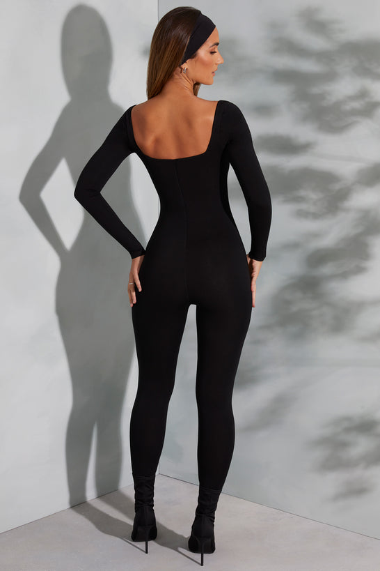 Petite Square Neck Long Sleeve Jumpsuit in Black