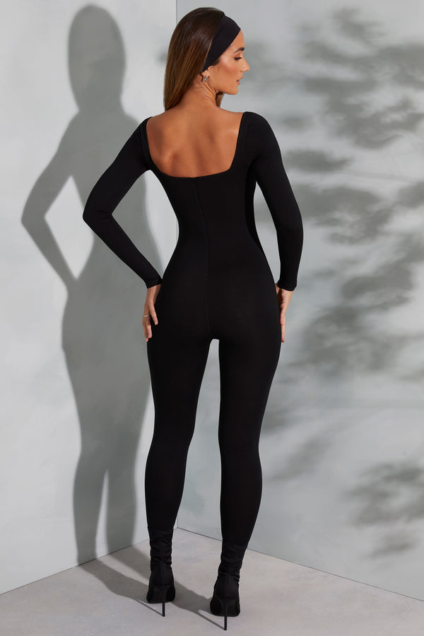 Square Neck Long Sleeve Jumpsuit in Black - 2
