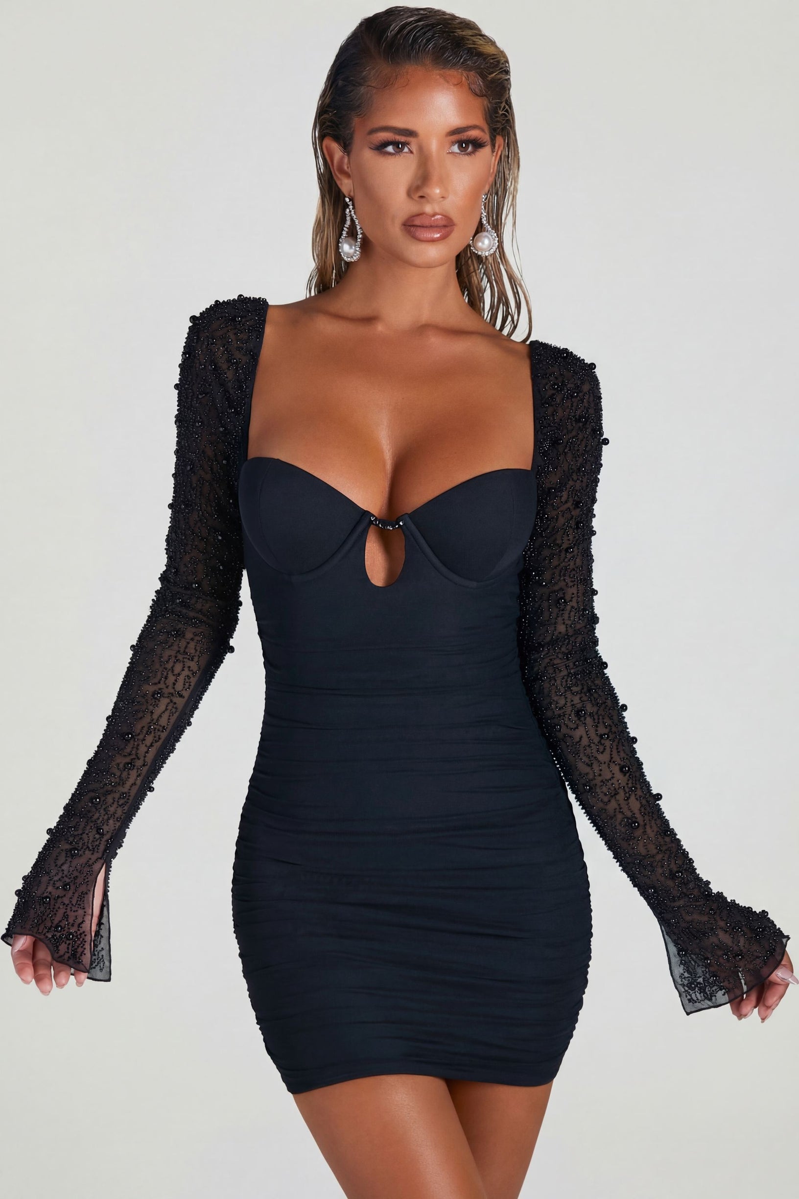 Embellished Long Sleeve Mini Dress in Black - 1
