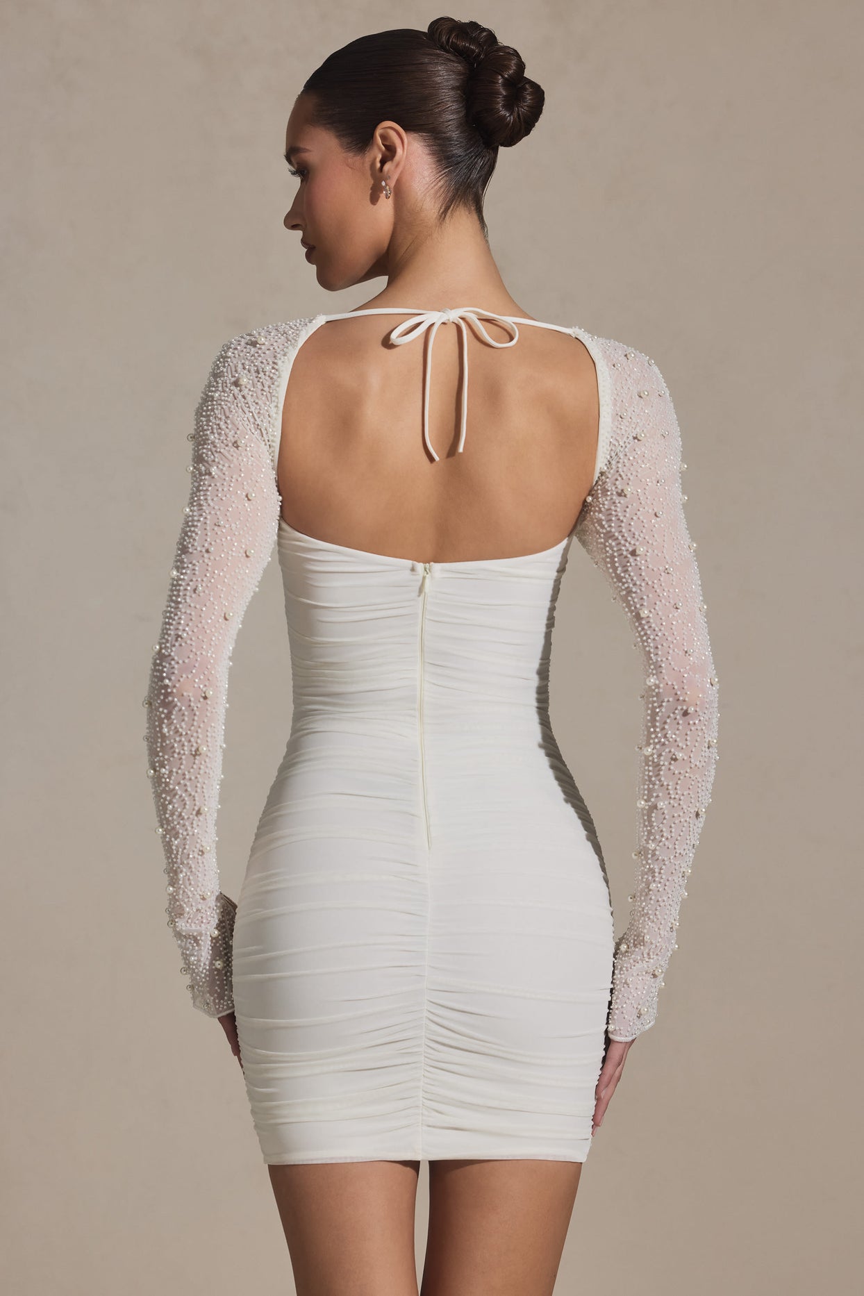 Embellished Long-Sleeve Mini Dress in Snow - 2