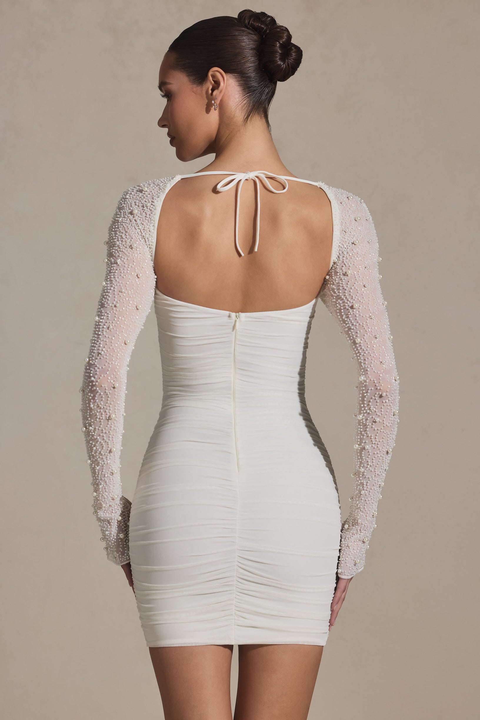 Embellished Long-Sleeve Mini Dress in White - 2