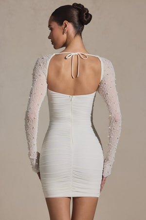 Embellished Long-Sleeve Mini Dress in White
