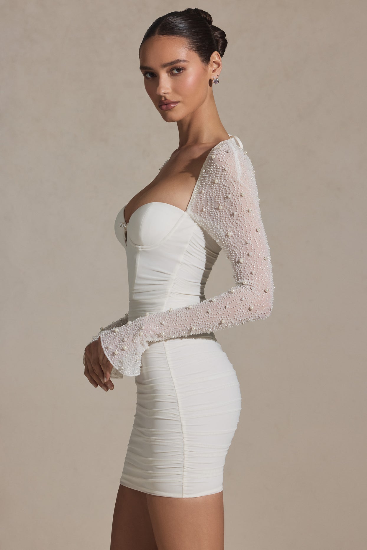 Embellished Long-Sleeve Mini Dress in Snow - 3