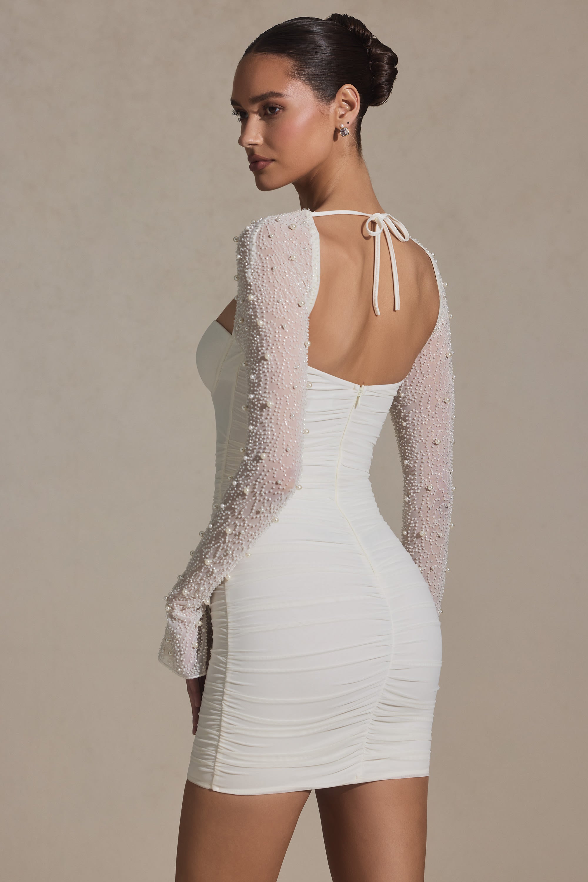 short white pearl dress St Germain Long Sleeve Embellished Mini Dress in White