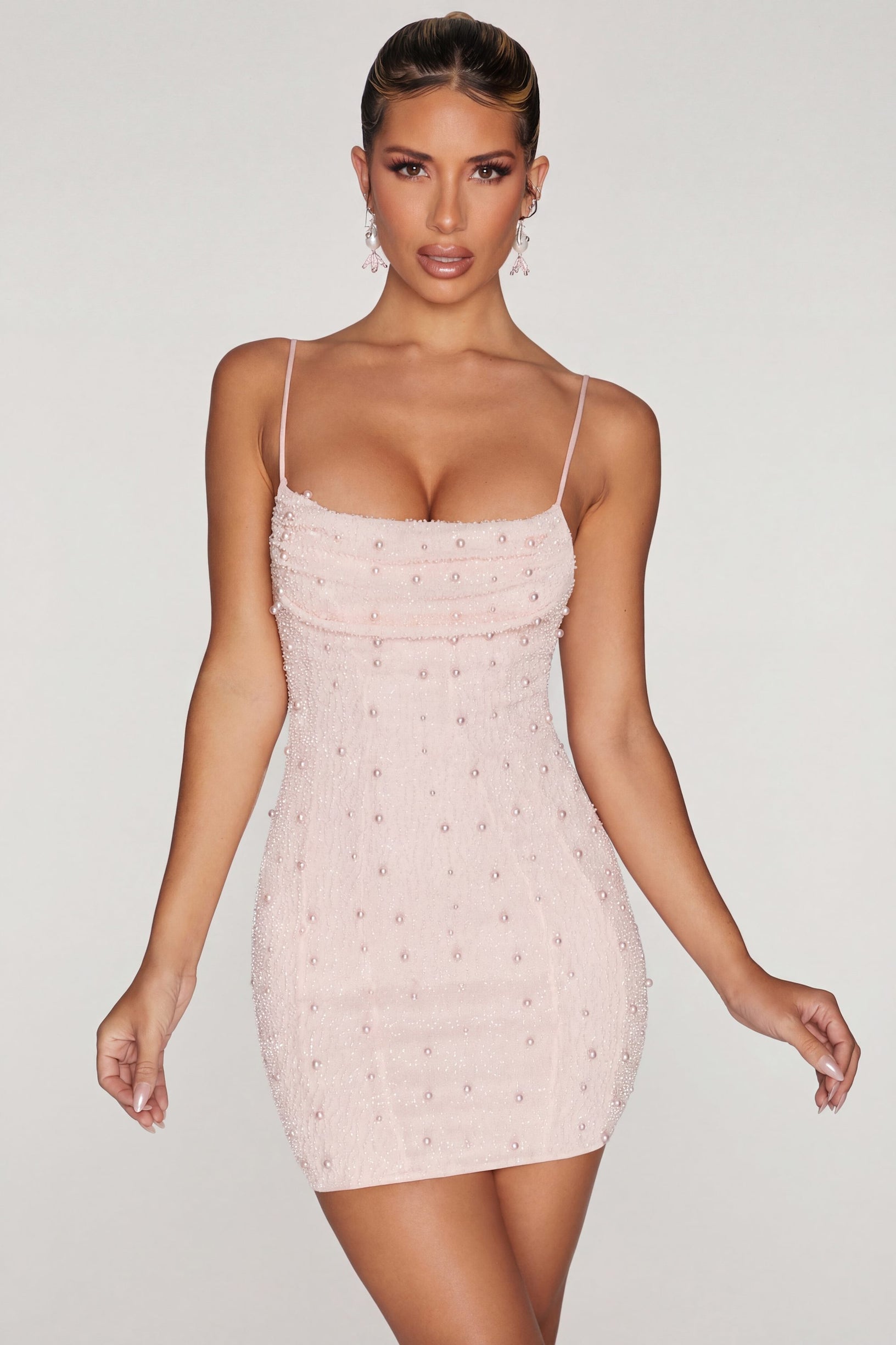 Embellished Cowl Neck Mini Dress in Blush - 1