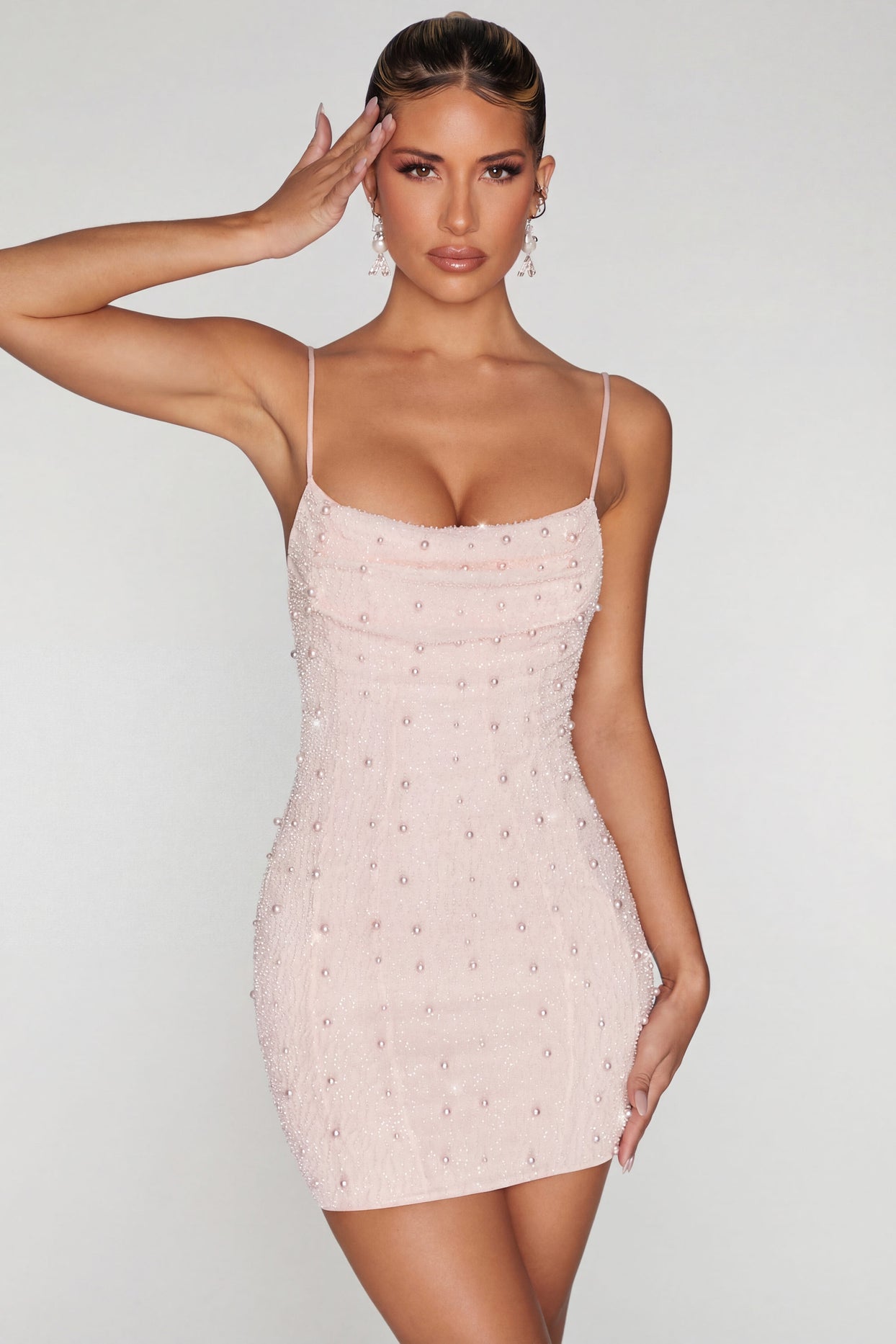 Embellished Cowl Neck Mini Dress in Blush - 5