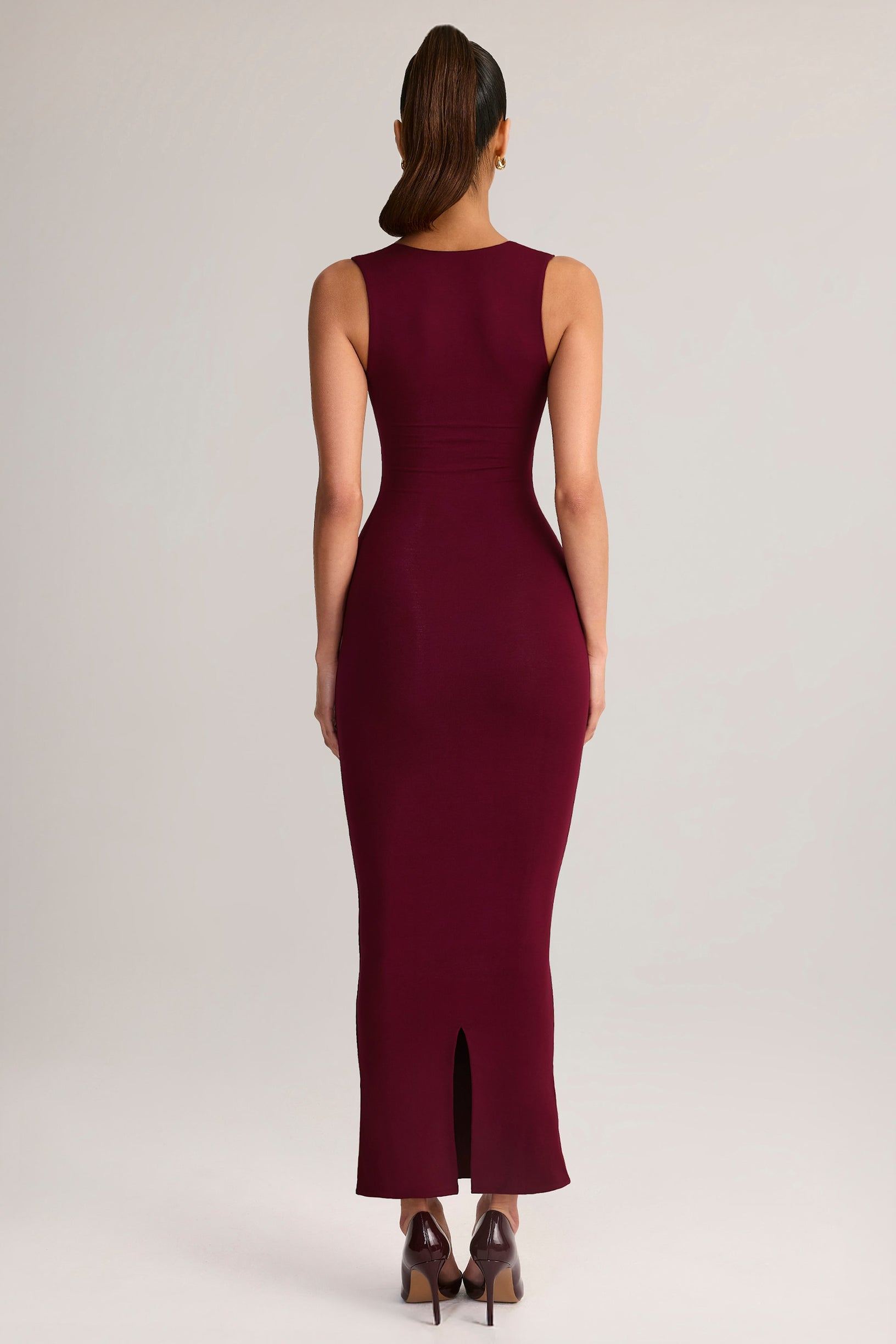 Modal Square-Neck Bodycon Midi Dress in Wine - 2