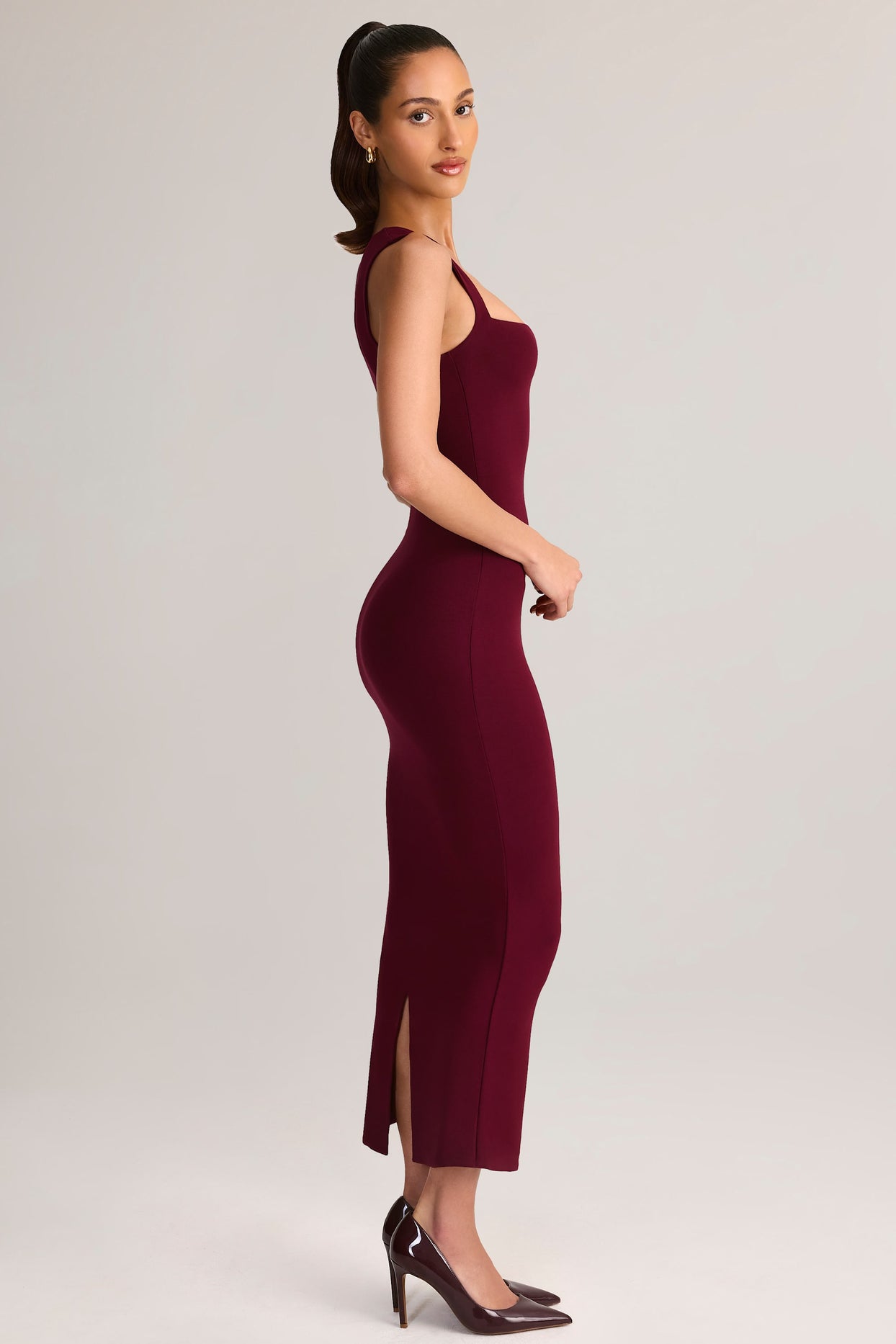 Modal Square-Neck Bodycon Midi Dress in Wine - 4