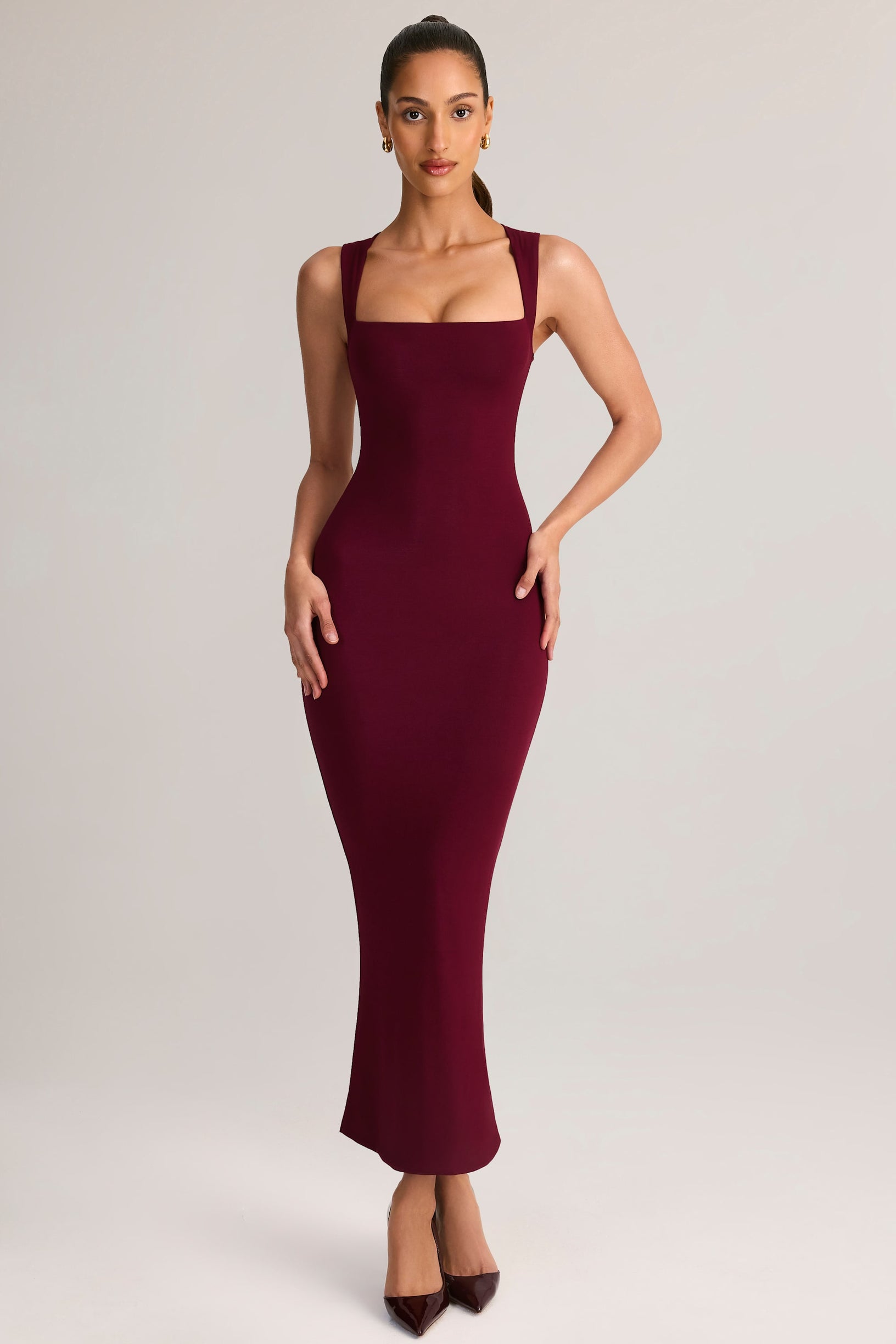 Modal Square-Neck Bodycon Midi Dress in Wine - 1