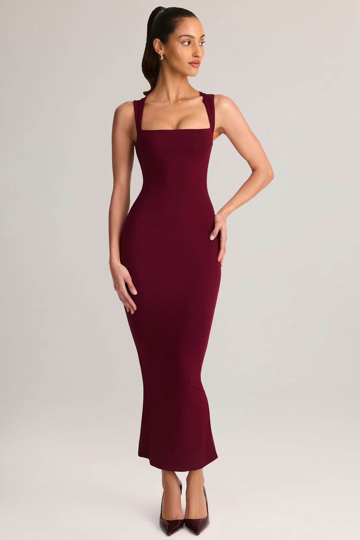Modal Square-Neck Bodycon Midi Dress in Wine - 5