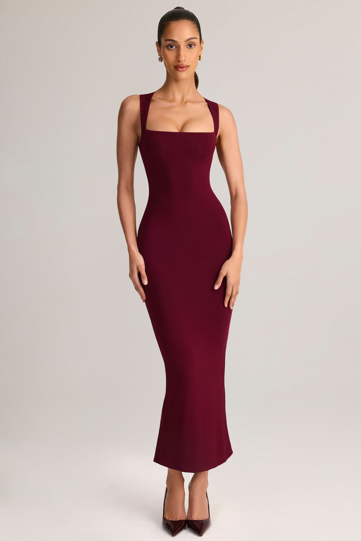 Modal Square-Neck Bodycon Midi Dress in Wine - 7