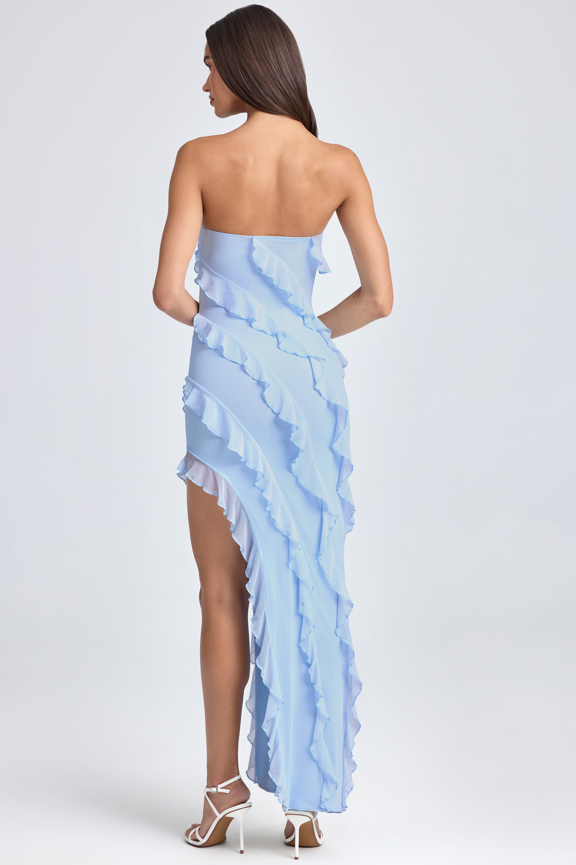 Bandeau Ruffle-Trim Maxi Dress in Powder Blue