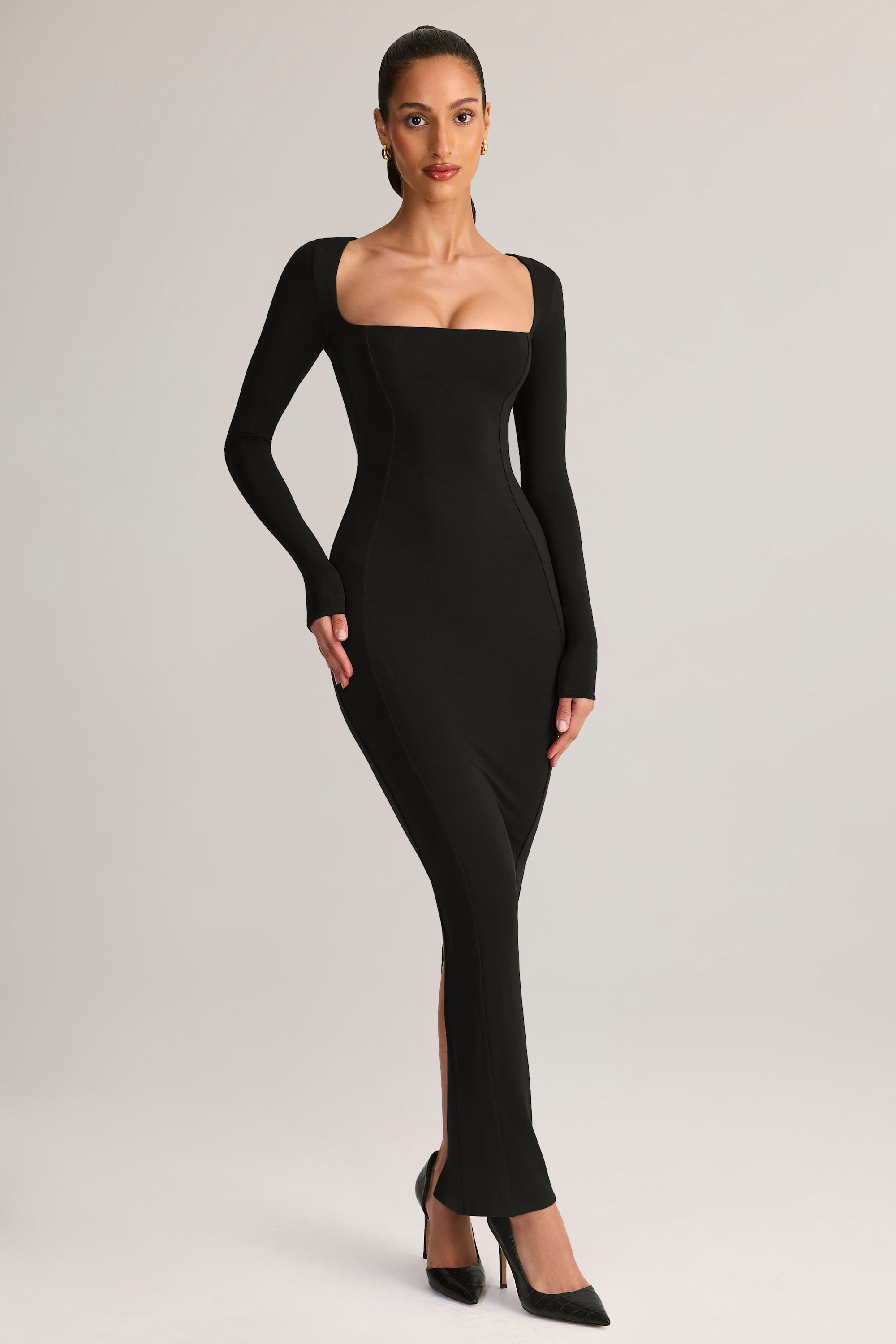 black long sleeve ruched asymmetric knitted dress Asymmetric Long Sleeve Ruched Detail Maxi Dress In Black | EGO UK