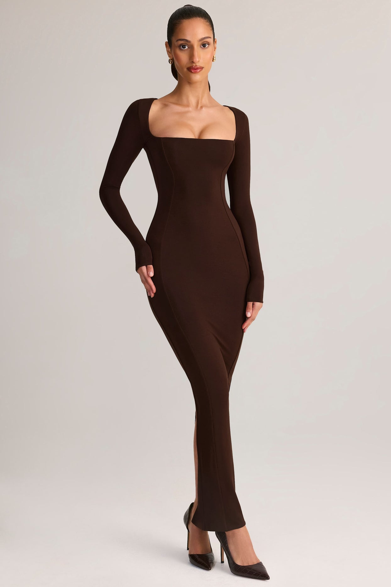 Modal Square-Neck Bodycon Maxi Dress in Chocolate Brown - 6