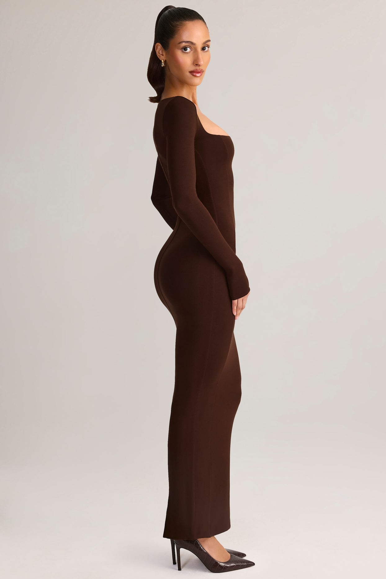 Modal Square-Neck Bodycon Maxi Dress in Chocolate Brown - 3