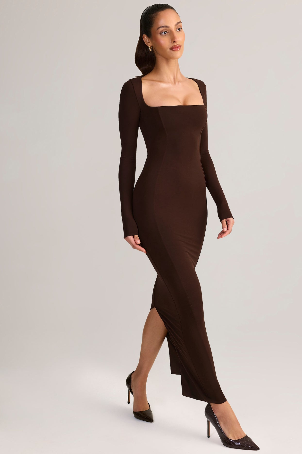 Modal Square-Neck Bodycon Maxi Dress in Chocolate Brown - 7