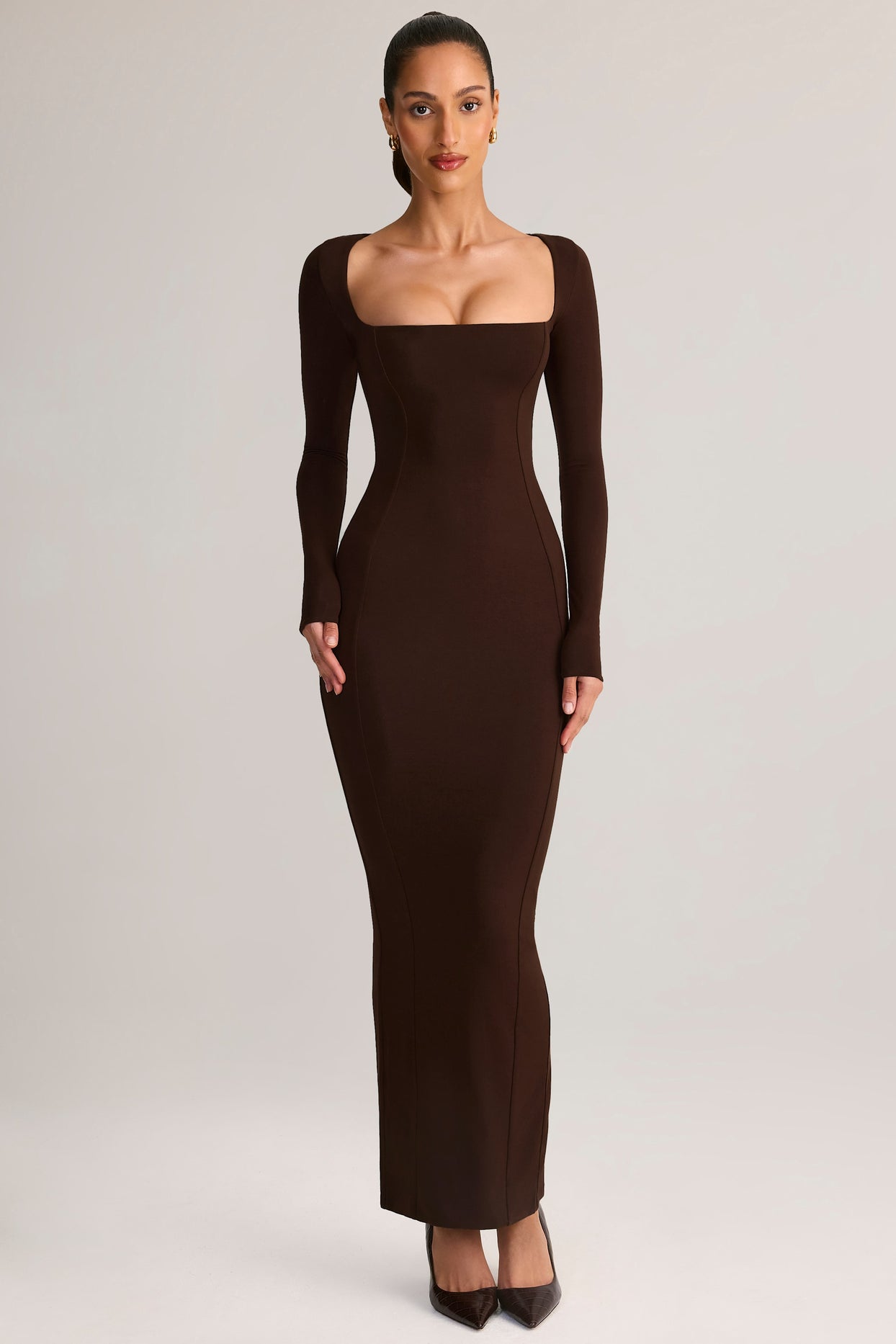 Modal Square-Neck Bodycon Maxi Dress in Chocolate Brown - 8