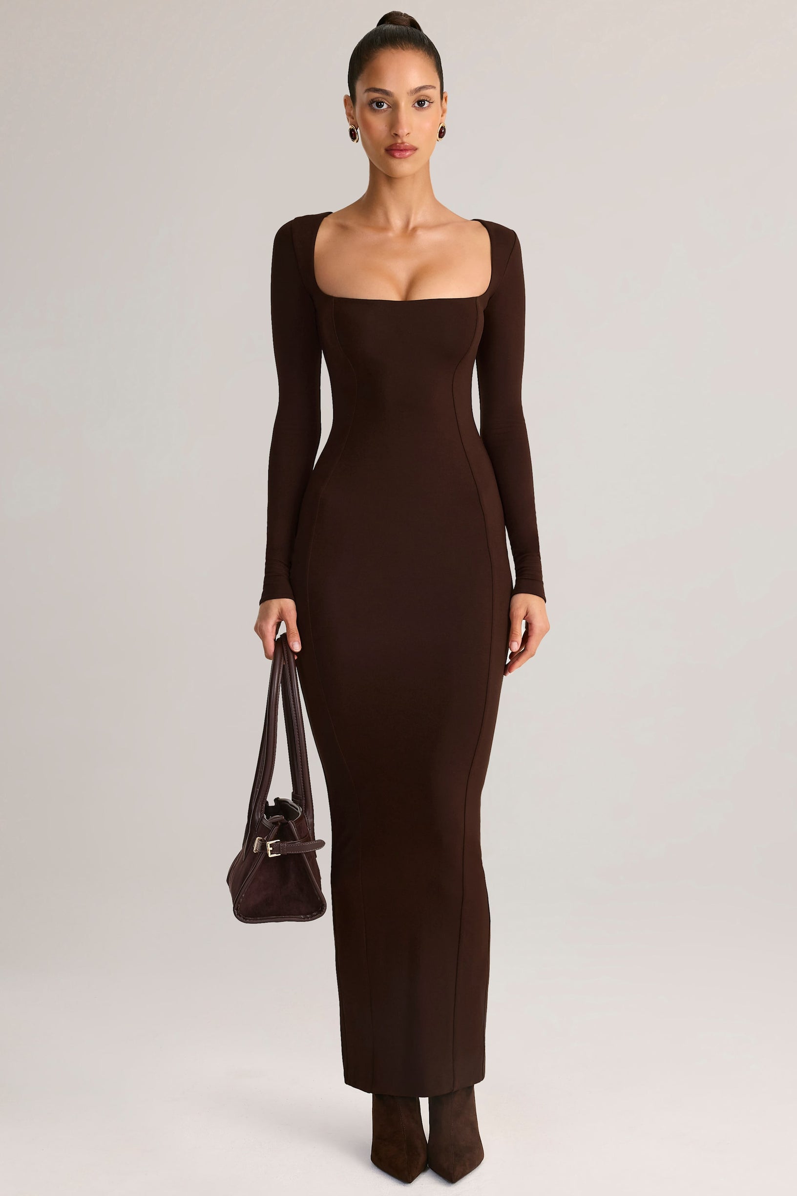Modal Square-Neck Bodycon Maxi Dress in Chocolate Brown - 1