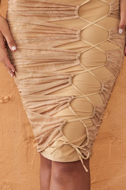 Paneled Drawstring Midi Dress in Beige Print