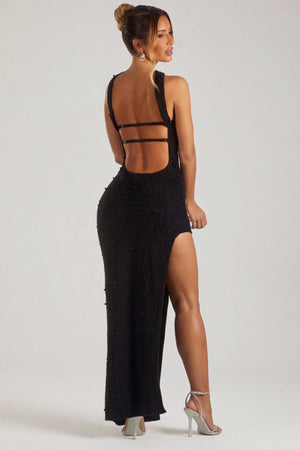 Oh Polly's Sierra Skye wearing the Belgravia Maxi Dress in Black Embellished fabric perfect for formal dinner parties