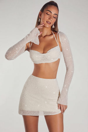 Oh Polly's Priscilla wearing the Lucerne Crop Top in Ivory Embellished fabric perfect for summer garden parties