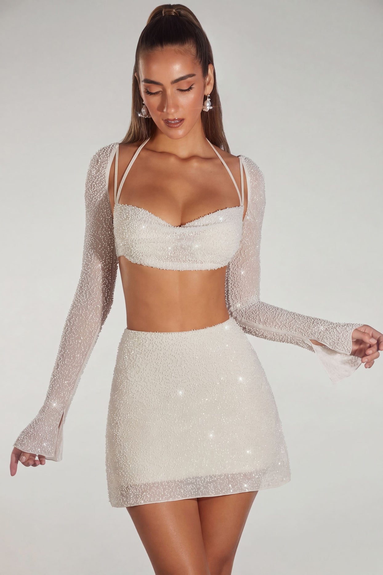 Embellished Long Sleeve Crop Top in Ivory - 6