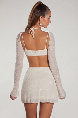 Oh Polly's Priscilla wearing the Lucerne Crop Top in Ivory Embellished fabric perfect for summer garden parties