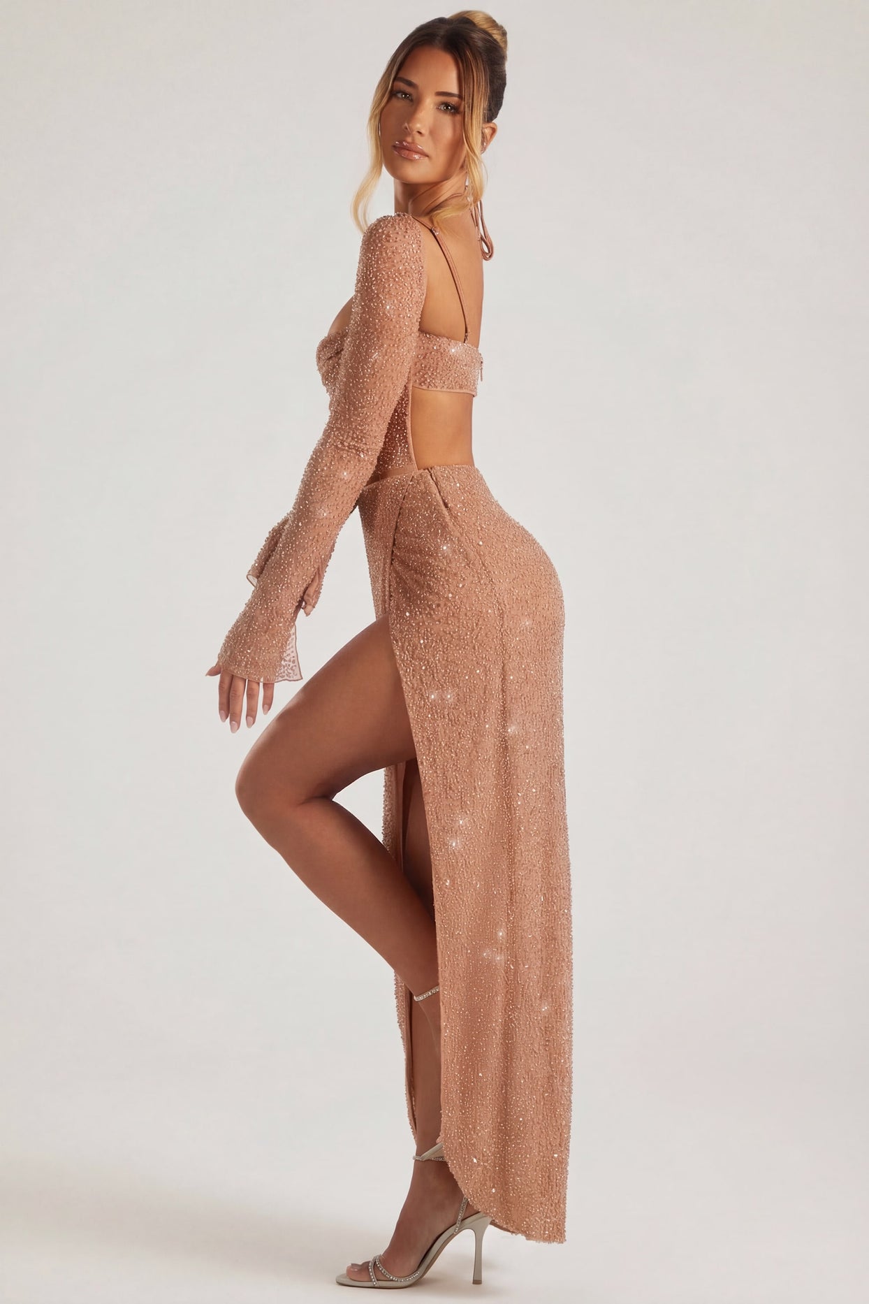 Embellished Cowl Neck Maxi Dress in Latte - 3