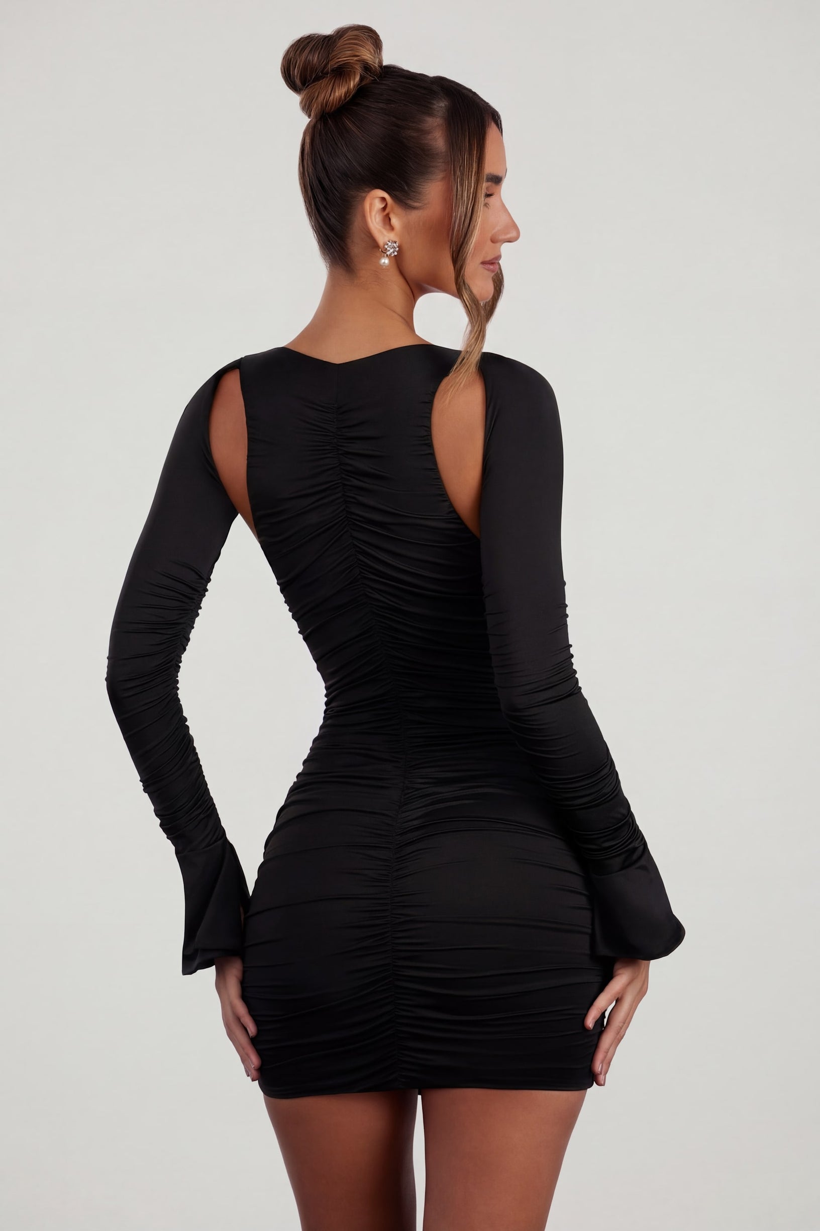 Low Plunge Ruched Mini Dress in Black - 2
