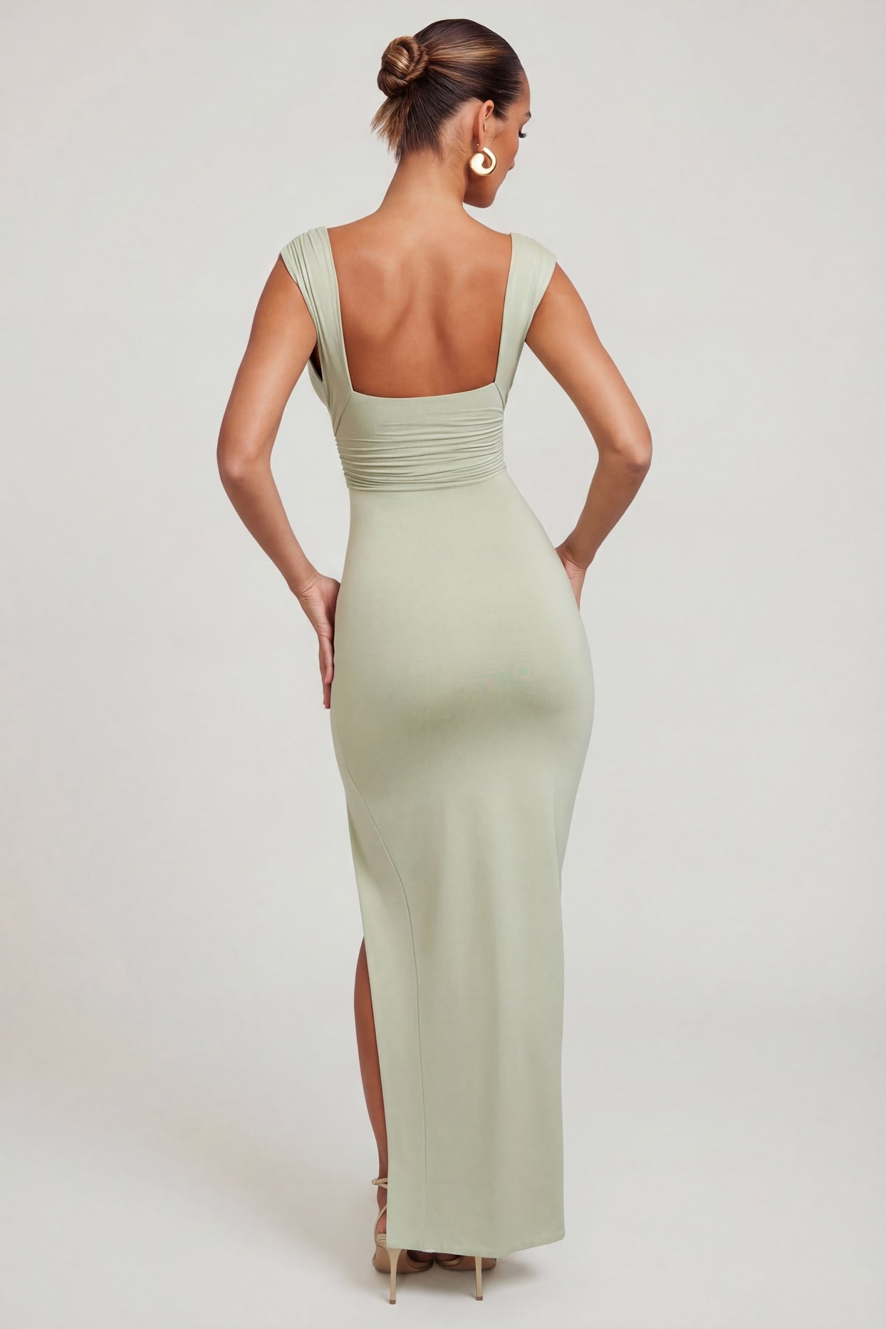 High Split Plunge Neck Maxi Dress in Sage - 3