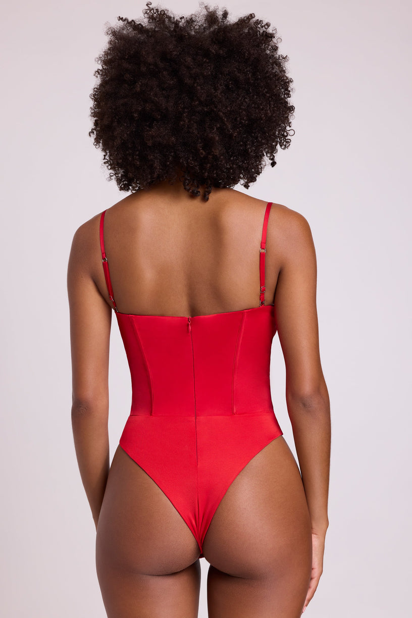 Satin Plunge Neck Lace Up Corset Bodysuit in Fire Red - 2