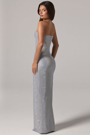 Embellished Bandeau Cowl Neck Maxi Dress in Silver