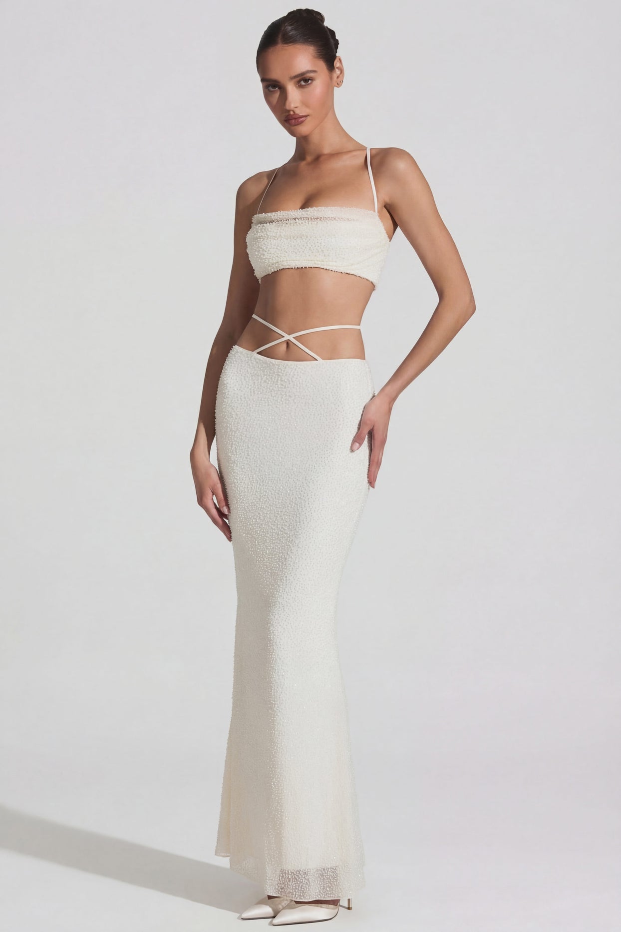 Embellished Cross Back Crop Top in White - 1