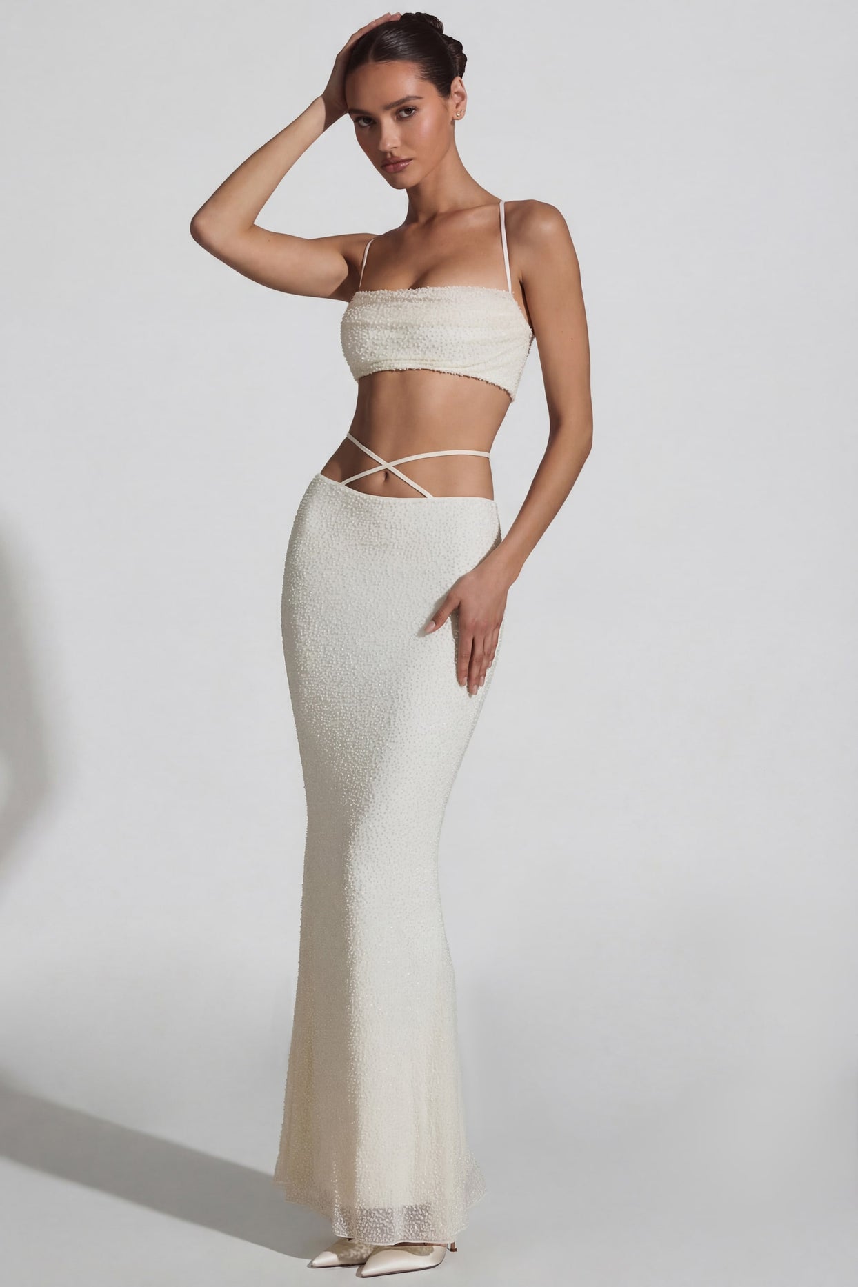 Embellished Cross Back Crop Top in White - 6