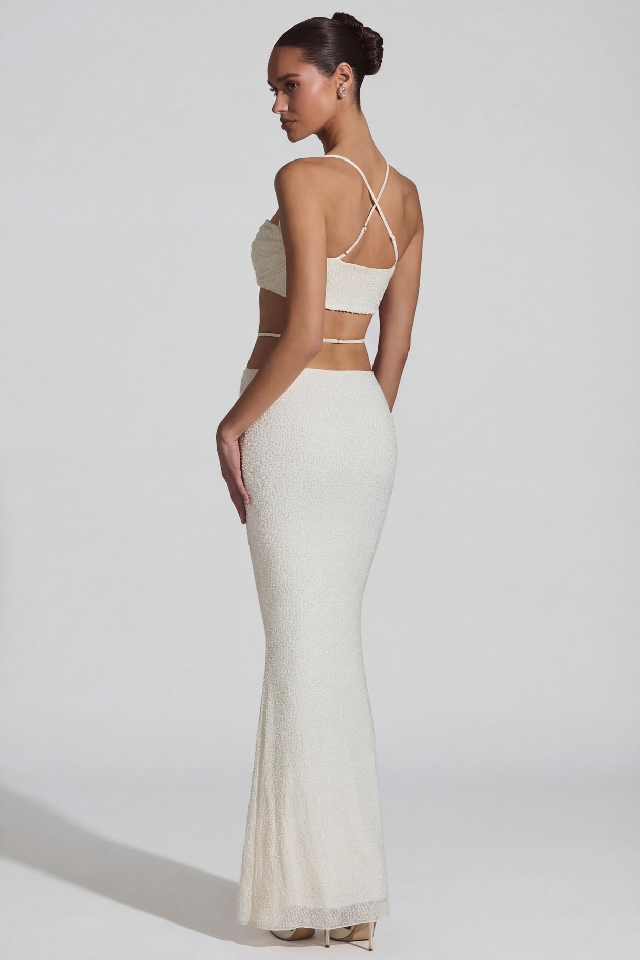 Embellished Cross Back Crop Top in White - 2