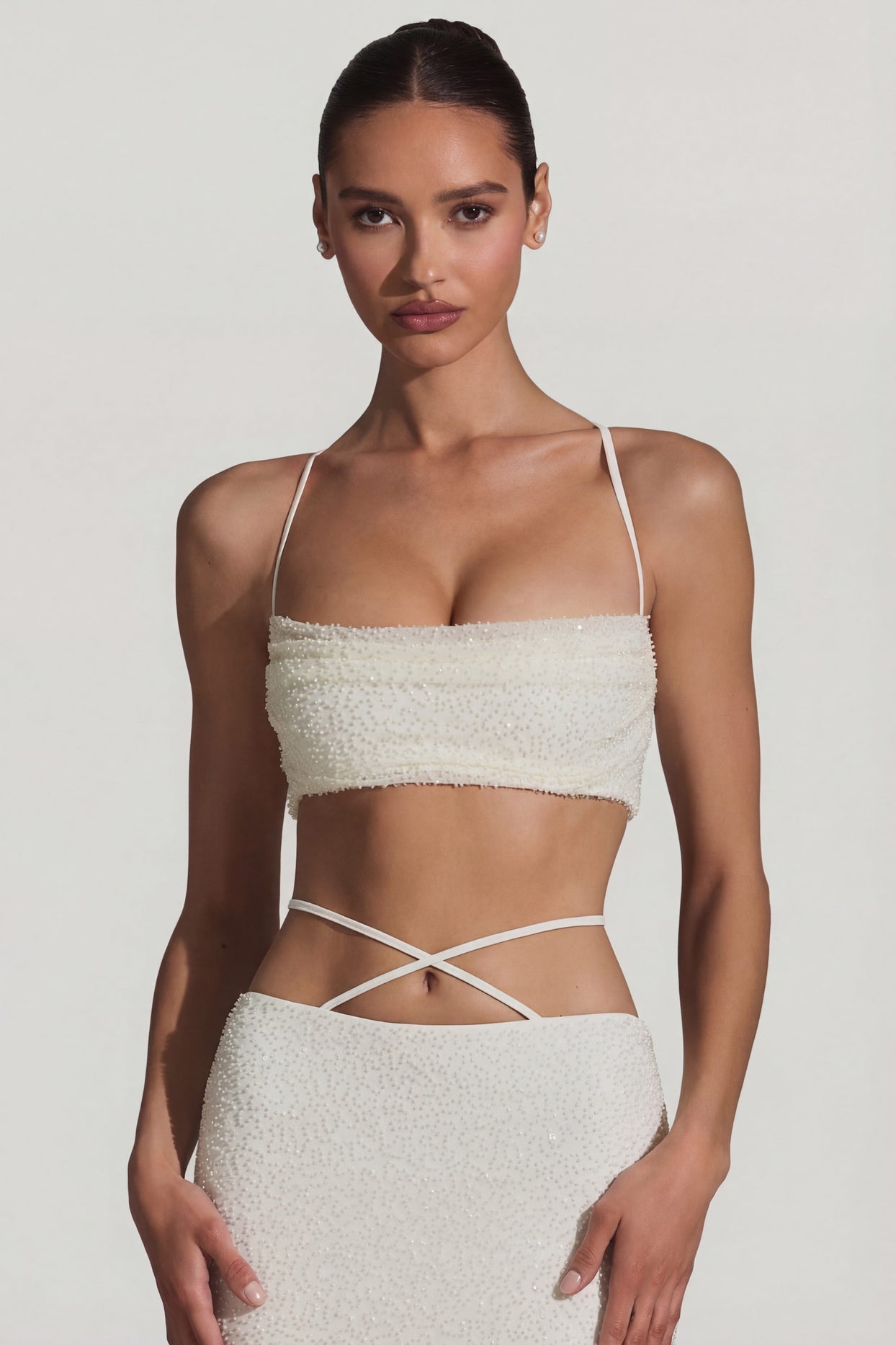 Embellished Cross Back Crop Top in White - 3