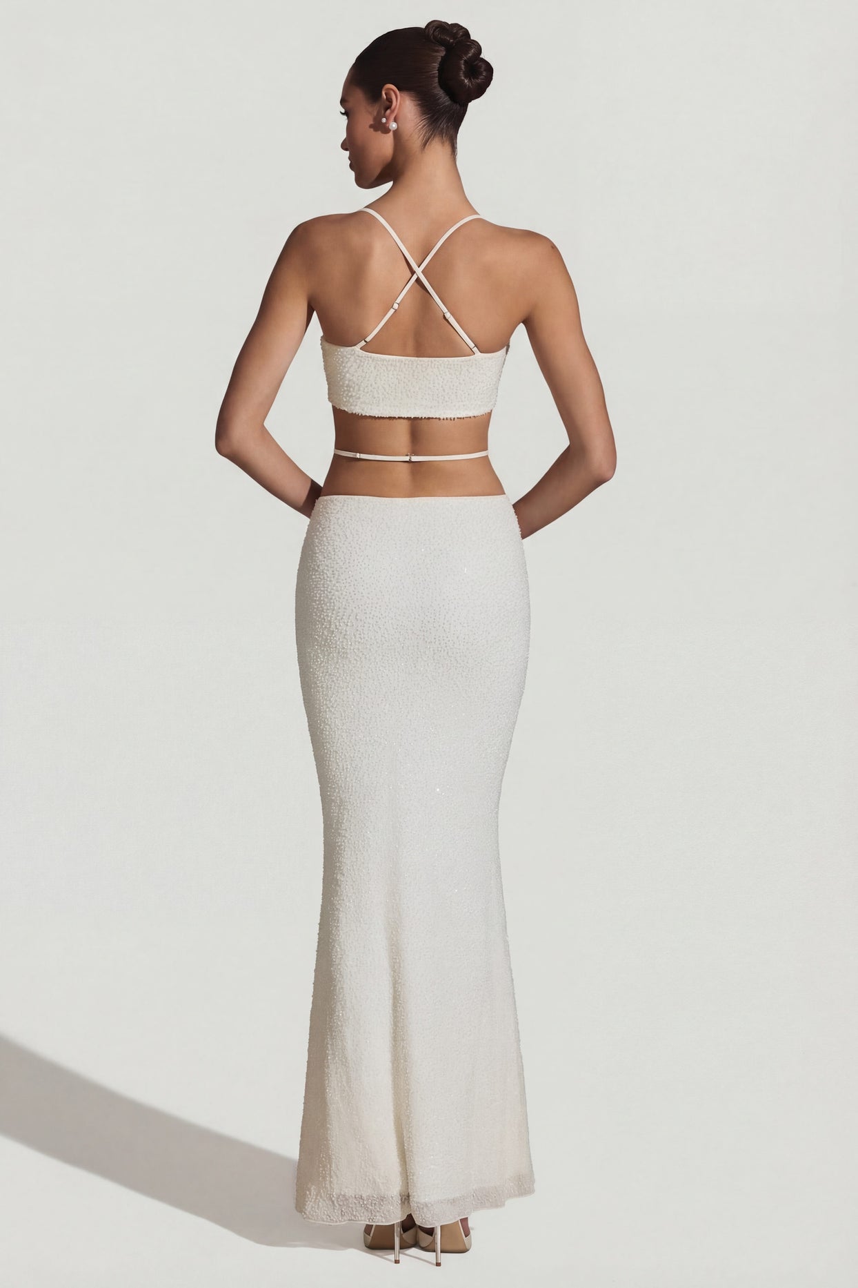 Embellished Cross Back Crop Top in White - 5