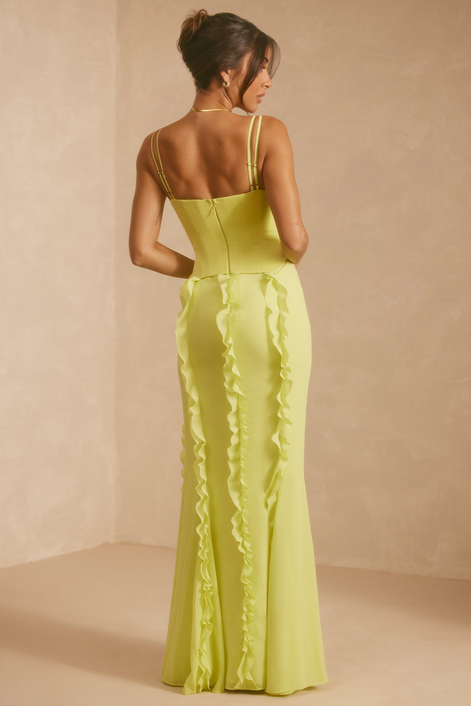 Corset Frill Skirt Maxi Dress in Lime Green