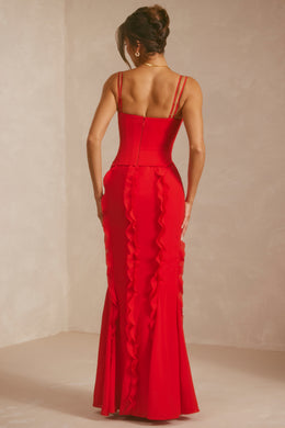 Corset Frill Skirt Maxi Dress in Scarlet Red