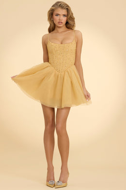 Embellished Corset Tulle Skirt Mini Dress in Gold