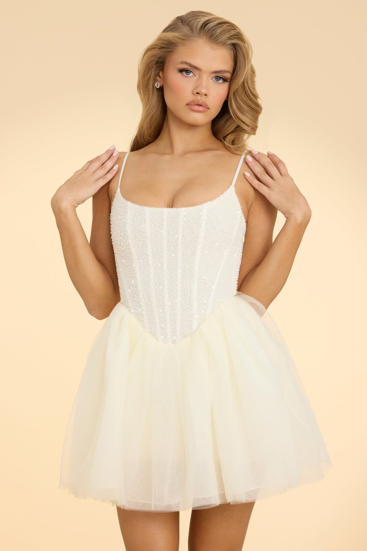 Embellished Corset Tulle Skirt Mini Dress in White