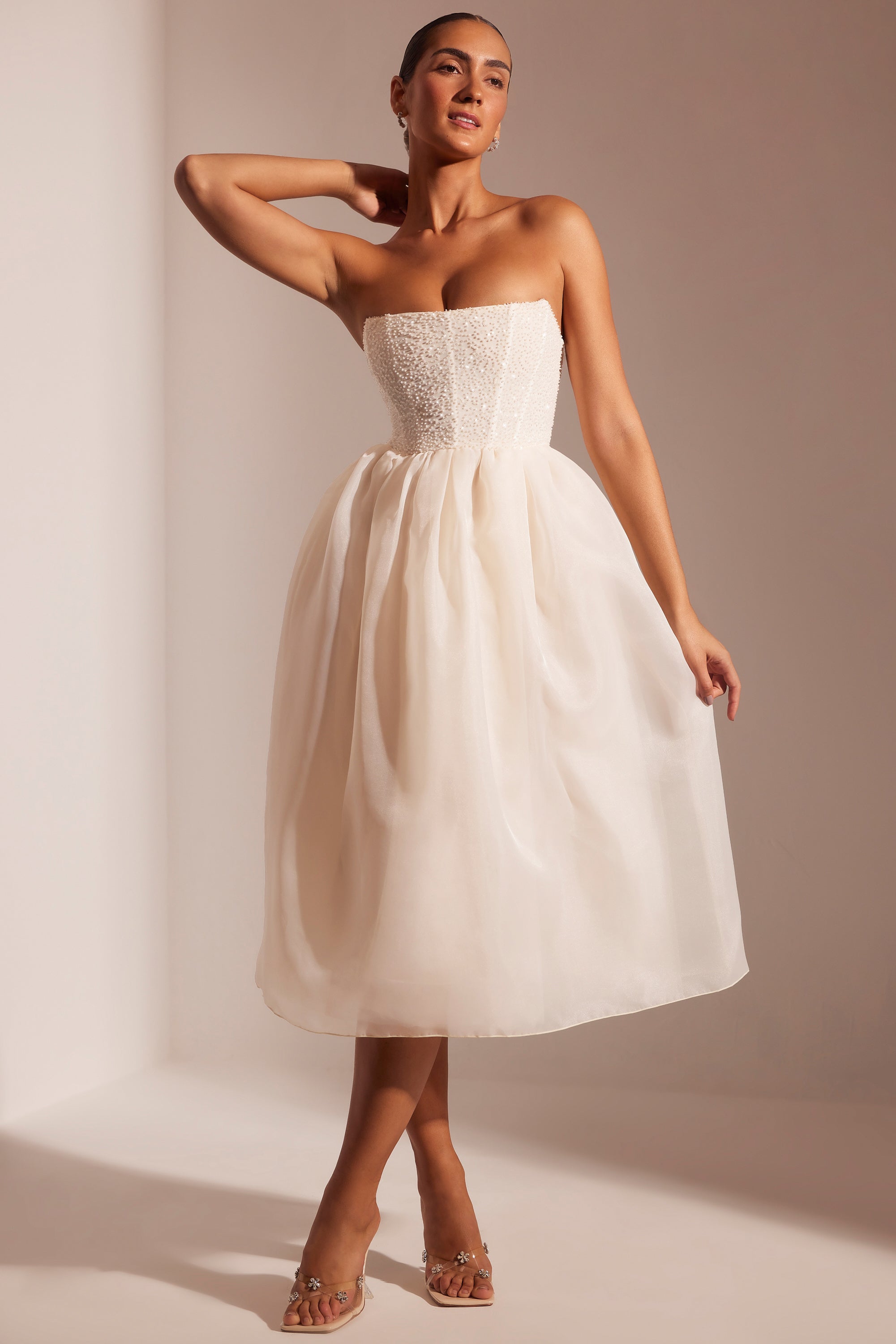 Rosette Embellished Corset Tulle Skirt Midi Dress in Ivory Oh Polly