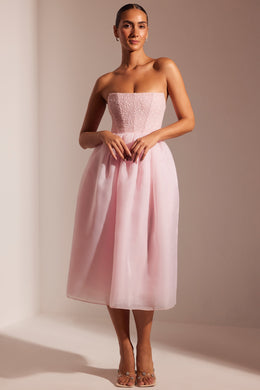 Embellished Corset Tulle Skirt Midi Dress in Blush