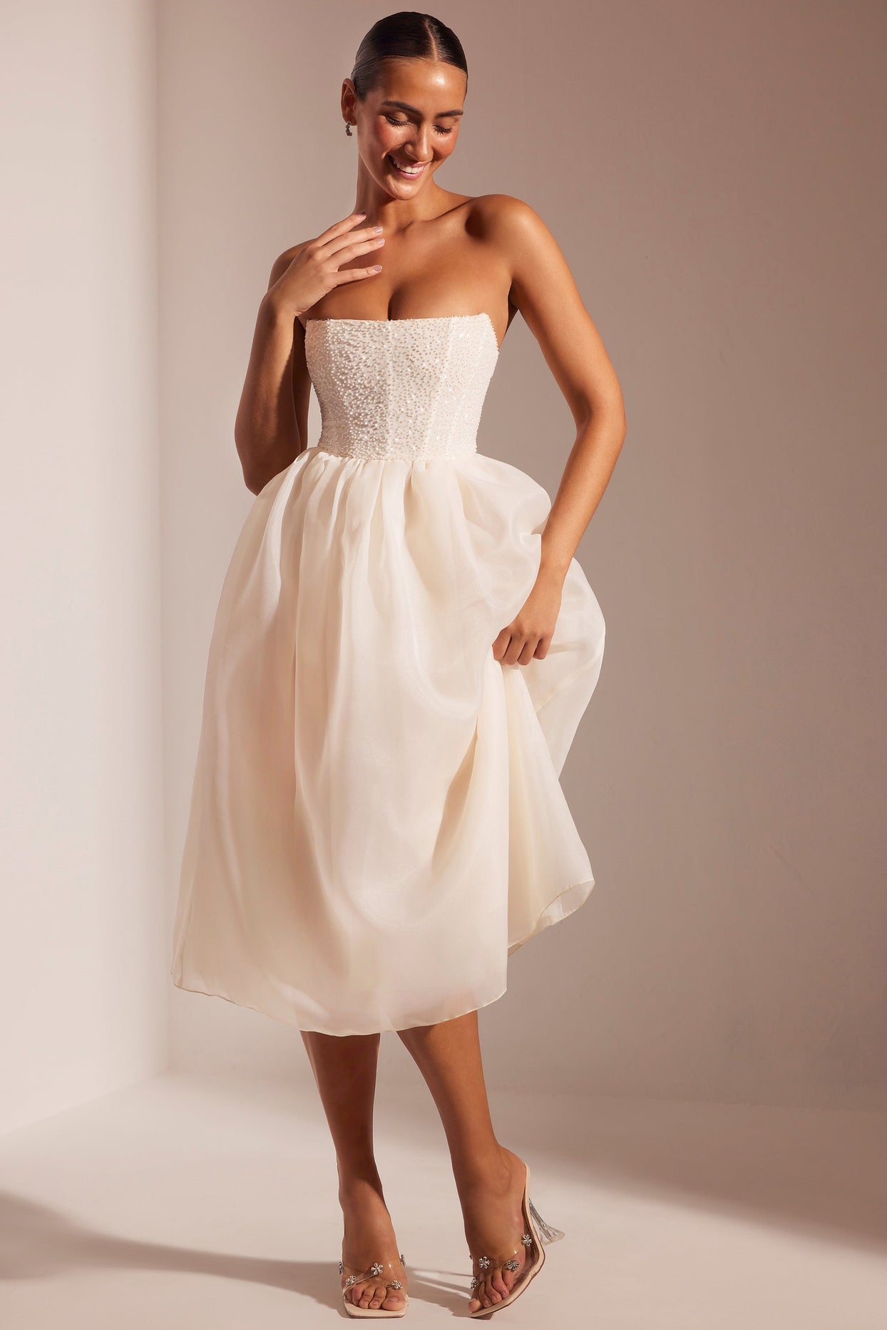 Rosette Embellished Corset Tulle Skirt Midi Dress in Ivory