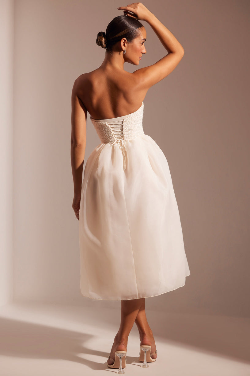 Embellished Corset Tulle Skirt Midi Dress in Ivory - 2